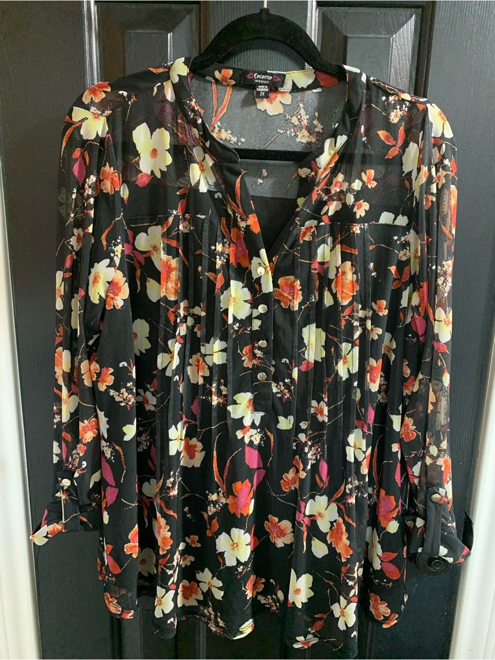 CeCe Black Floral Pleated V-Neck Tunic Blouse with Cream and Orange Blooms